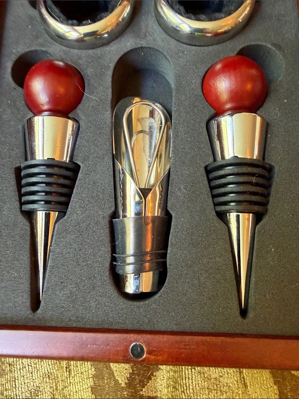 Rosewood Brookstone Red Wood and Stainless Steel Wine Accessory Set
